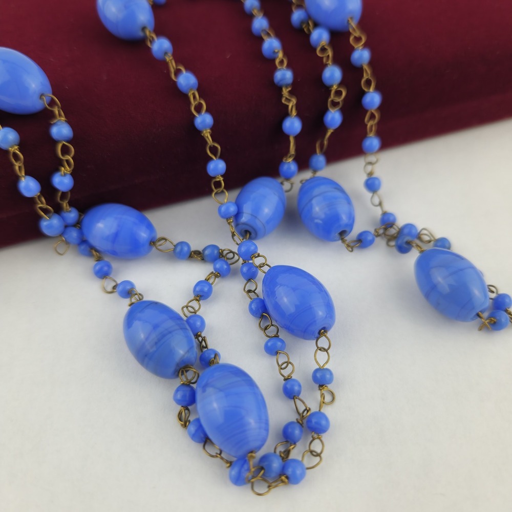 Antique Blue Swirl Glass Flapper Chain Necklace Hand Wired - Picture 1 of 11